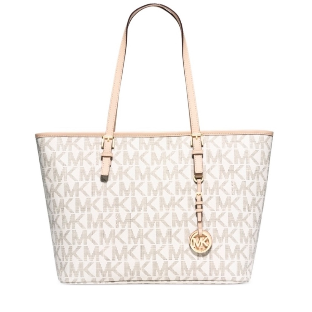 Micheal Kors Jet Set Travel Signaturel Tote‎ Bag Vanilla Zip-Top